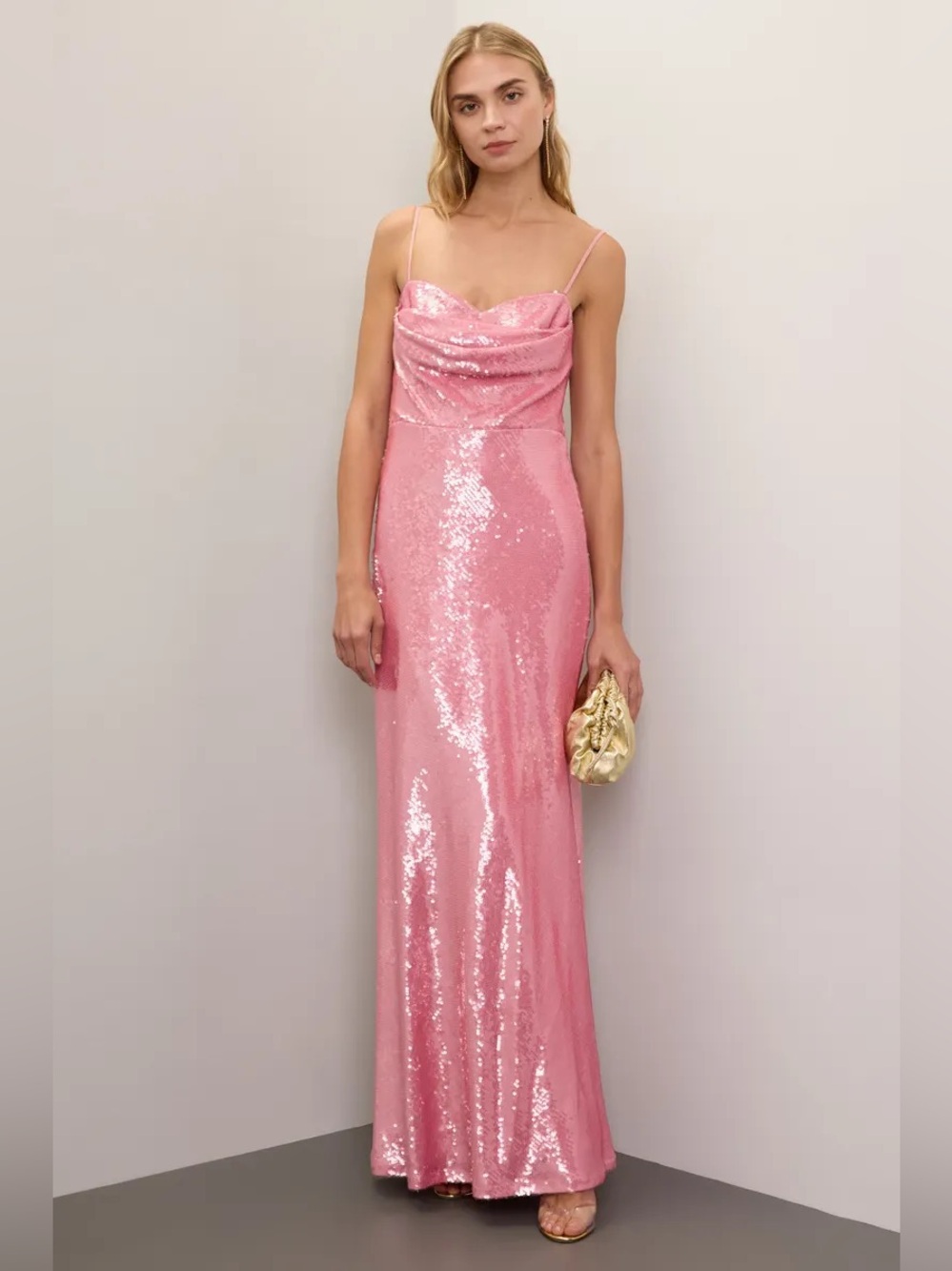 Monique Lhuillier Marisol Pink Sequin Cowl-Neck Maxi Dress